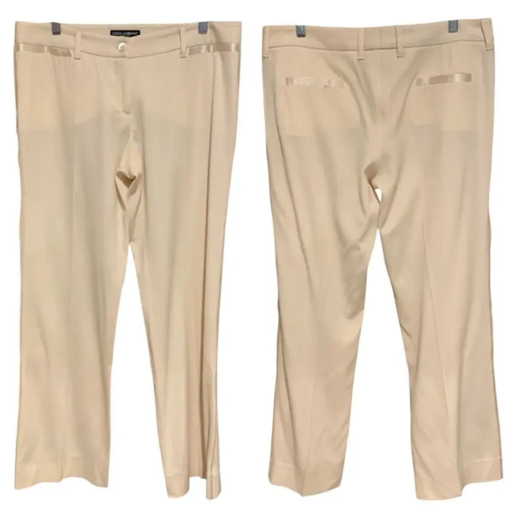 Dolce & Gabanna Cream Satin Trim Tux Stripe Wide Leg Trousers Wool/Silk Size 46‎